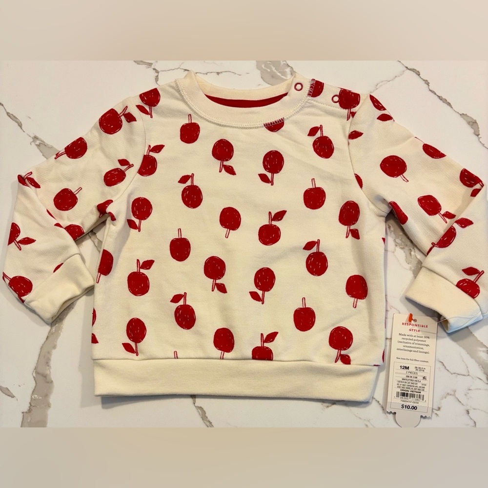 NWT. Cat and Jack. Cream and red apple sweatshirt. 12m